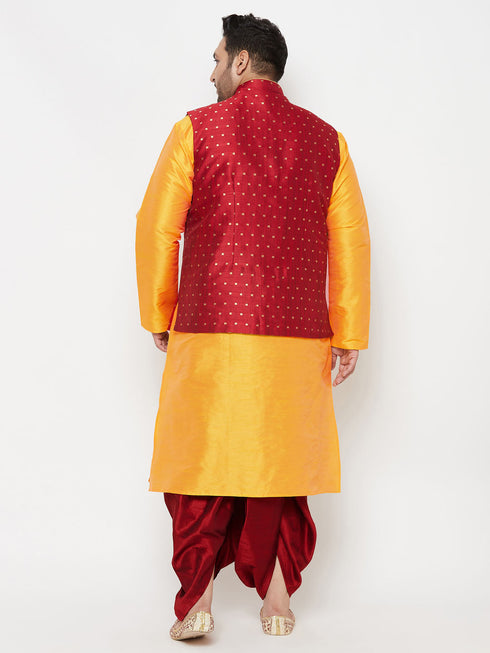 Vastramay PLUS Men's Maroon Zari Weaved Nehru Jacket With Kurta Dhoti set
